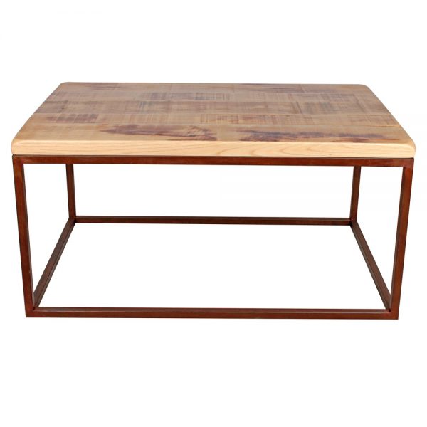 mesa de centro con tapa de madera y hierro