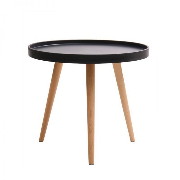 mesa baja tapa negra y patas madera clara