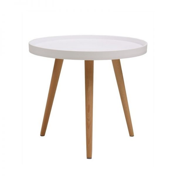 mesa baja tapa blanca y patas madera clara