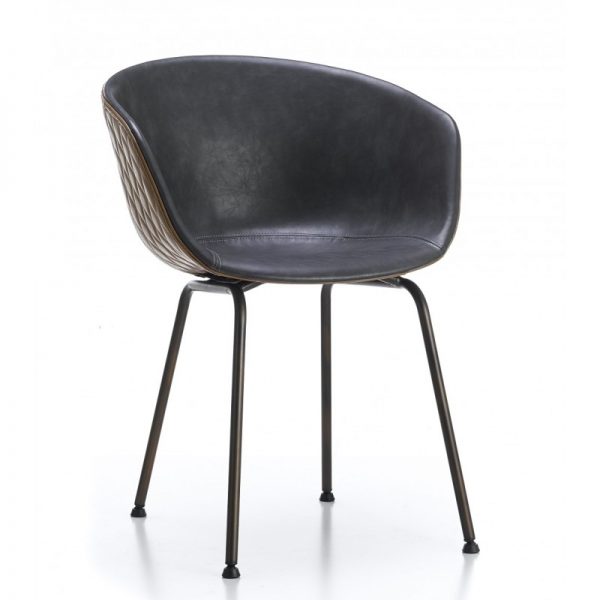 silla comedor tapizada marron y gris patas metal negro