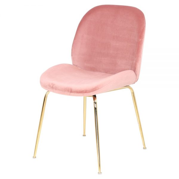 silla comedor tapizada color rosa y patas metal dorado