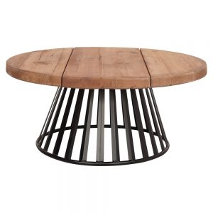 mesa centro redonda con tapa madera pata metalica negra