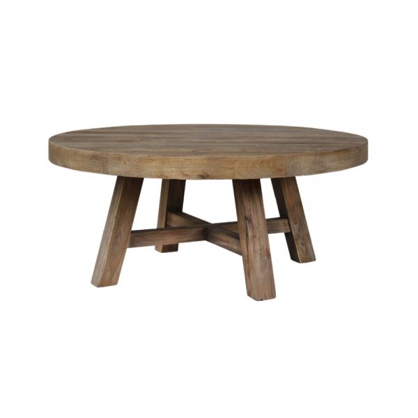 mesa redonda con tapa y patas de madera envejecida