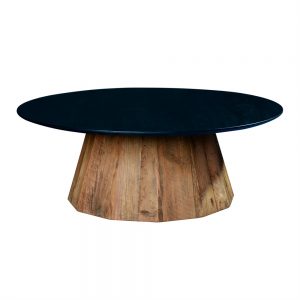 mesa centro redonda tapa negra y pié en madera maciza